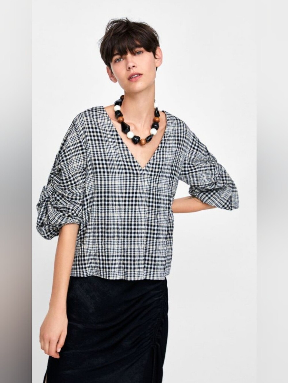Zara Black & White Plaid V-Neck Blouse